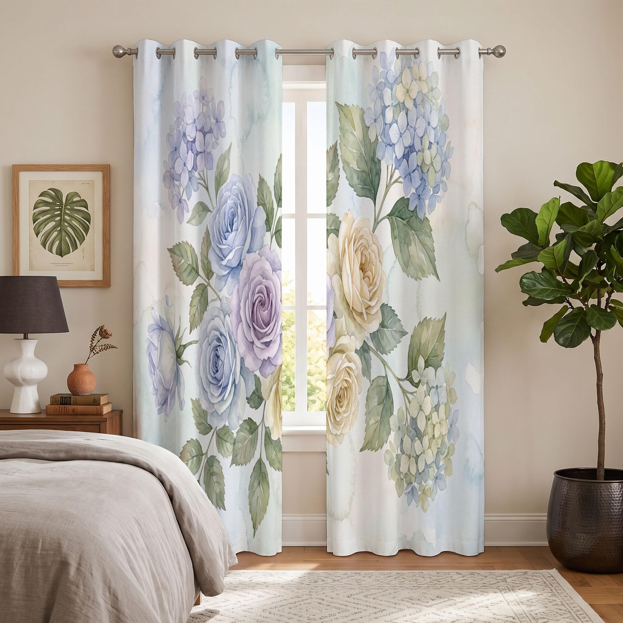Verdunkelungsvorhänge mit Frische Aquarellblumen, 2 Paneele, Rosenhortensie, Vorhänge für Schlafzimmer, Wohnzimmer, lichtblockierende Thermovorhänge, Hellblau, 137 x 117 cm