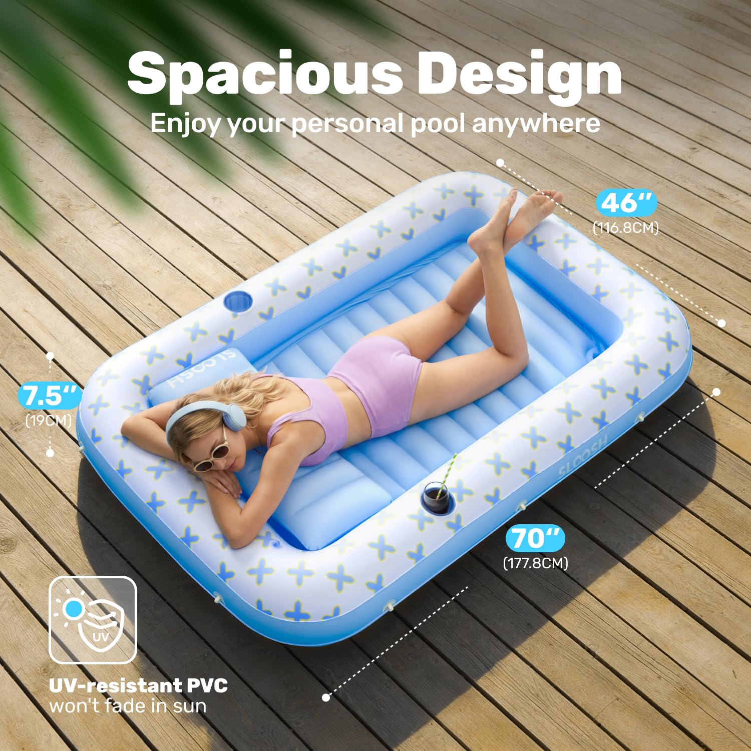 SLOOSH Chaise longue gonflable pour bronzage avec coussin, 178 cm x 117 cm, flotteur de piscine pour adultes, radeau de bain au soleil 4 en 1, lit de bronzage pour se prélasser dans l'eau, ballon