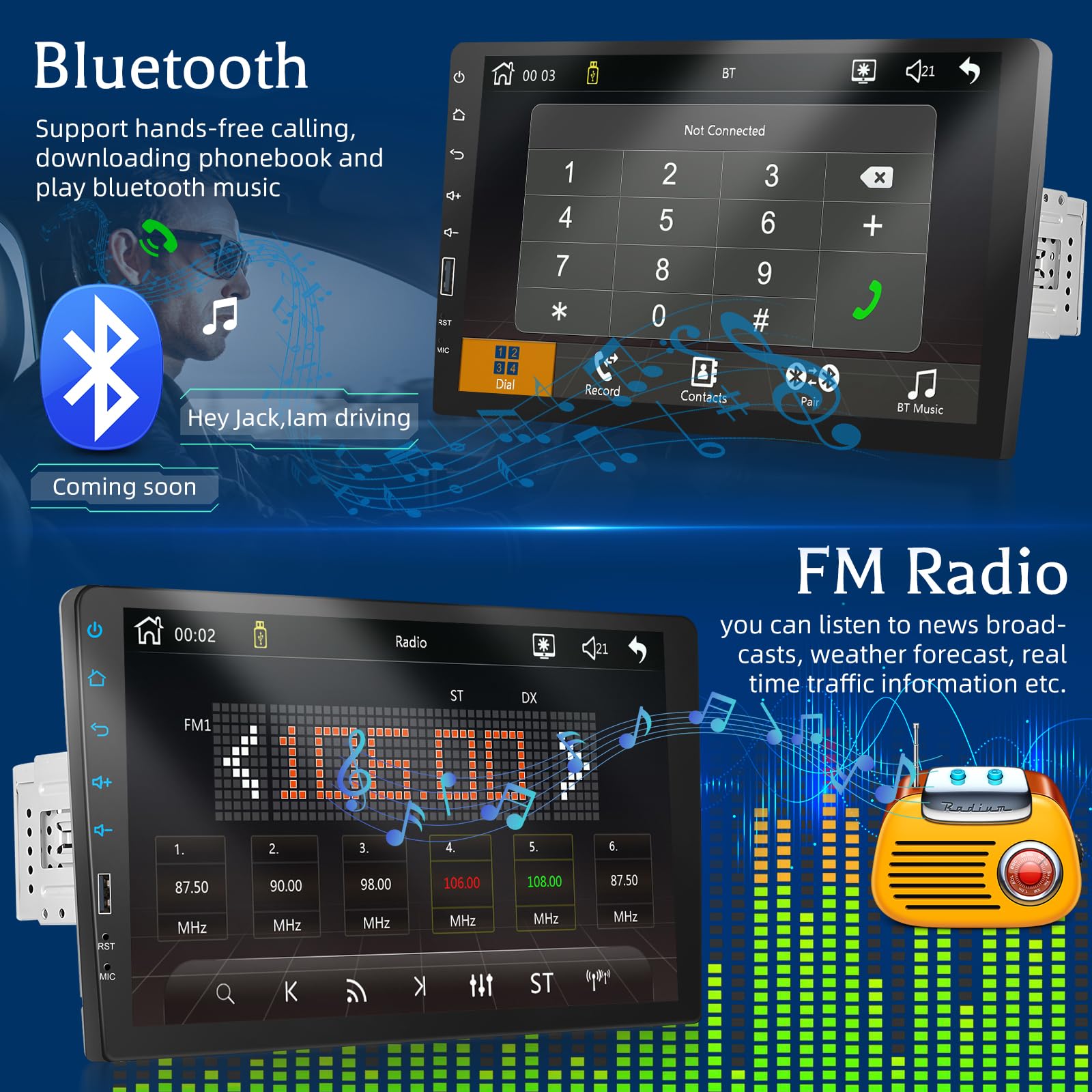 Autorradio 1 DIN con Carplay y Android Auto,Cámara de Marcha Atrás,Radio FM | Radio con Pantalla Táctil de 9 Pulgadas apoyo Micrófono/EQ,/Bluetooth/Radio FM/SWC