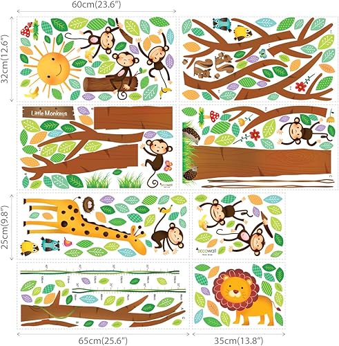 Miniatura 5 de DECOWALL DA-1401P1402 8 monos pequeños, tabla de crecimiento de altura para niños, calcomanías de pared extraíbles para niños, calcomanías de pared