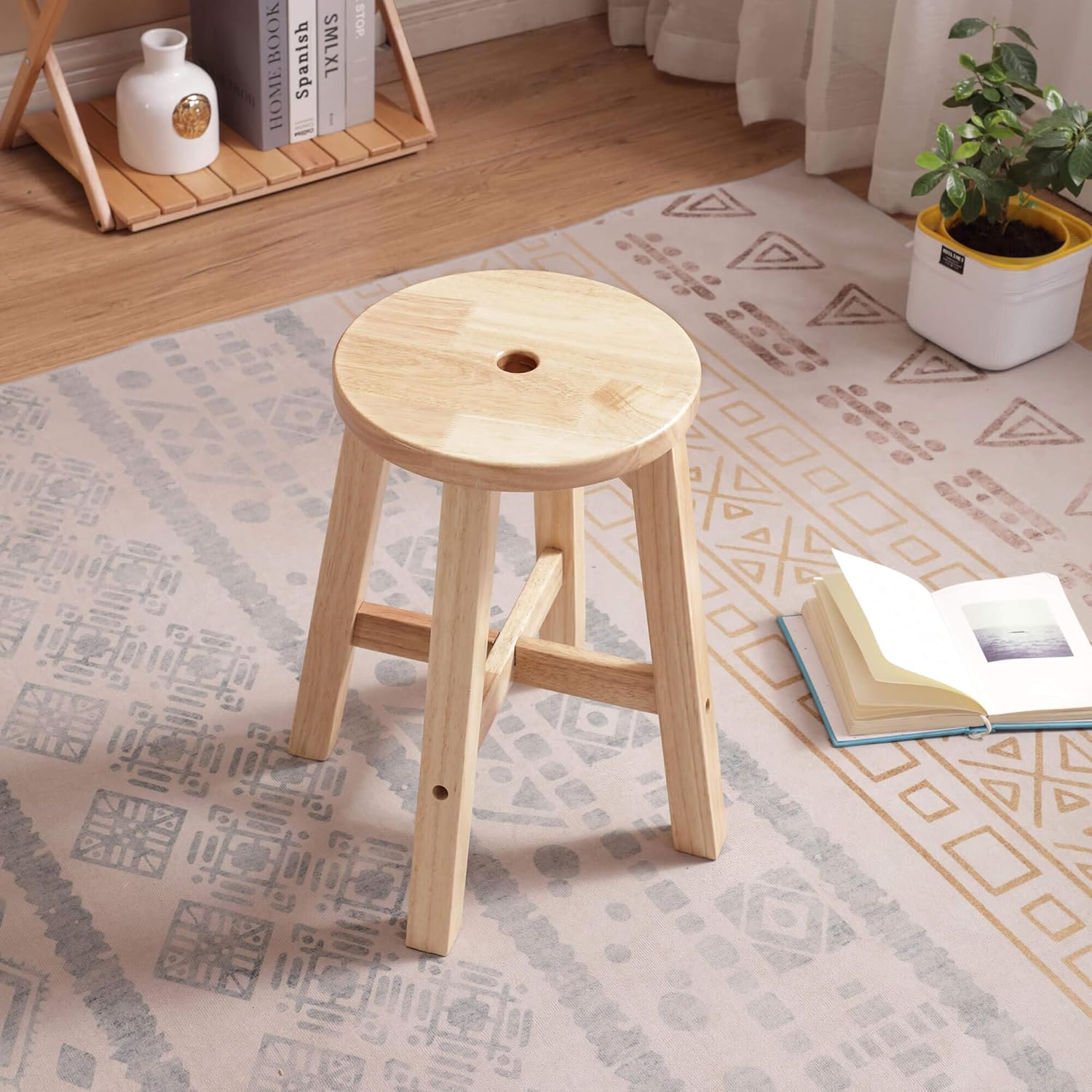 Lestar Round Wooden Stool,Solid Wood Stools,18 Inch Height Solid Wood Stool,Small Wooden Stool for Bedroom Living Room