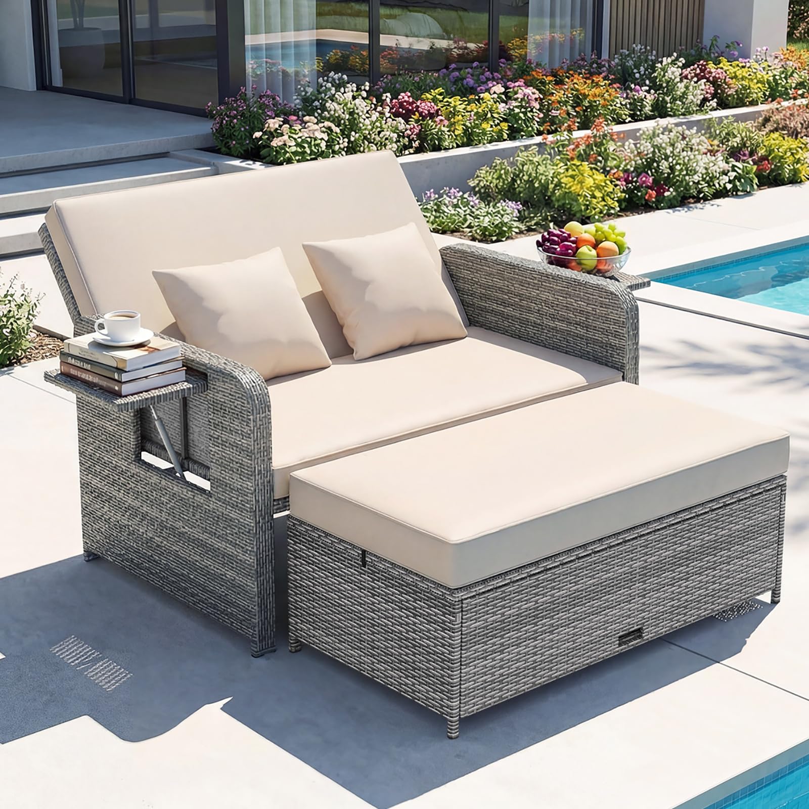 GIANTEX Canape Exterieur Jardin 2 Pièces, Canapé de Jardin 2 Places en Rotin PE, Ottoman de Rangement, Dossier Réglable, Tables d'Appoint Rétractables, Coussins Doux, pour Porche, Patio, Gris+Kaki
