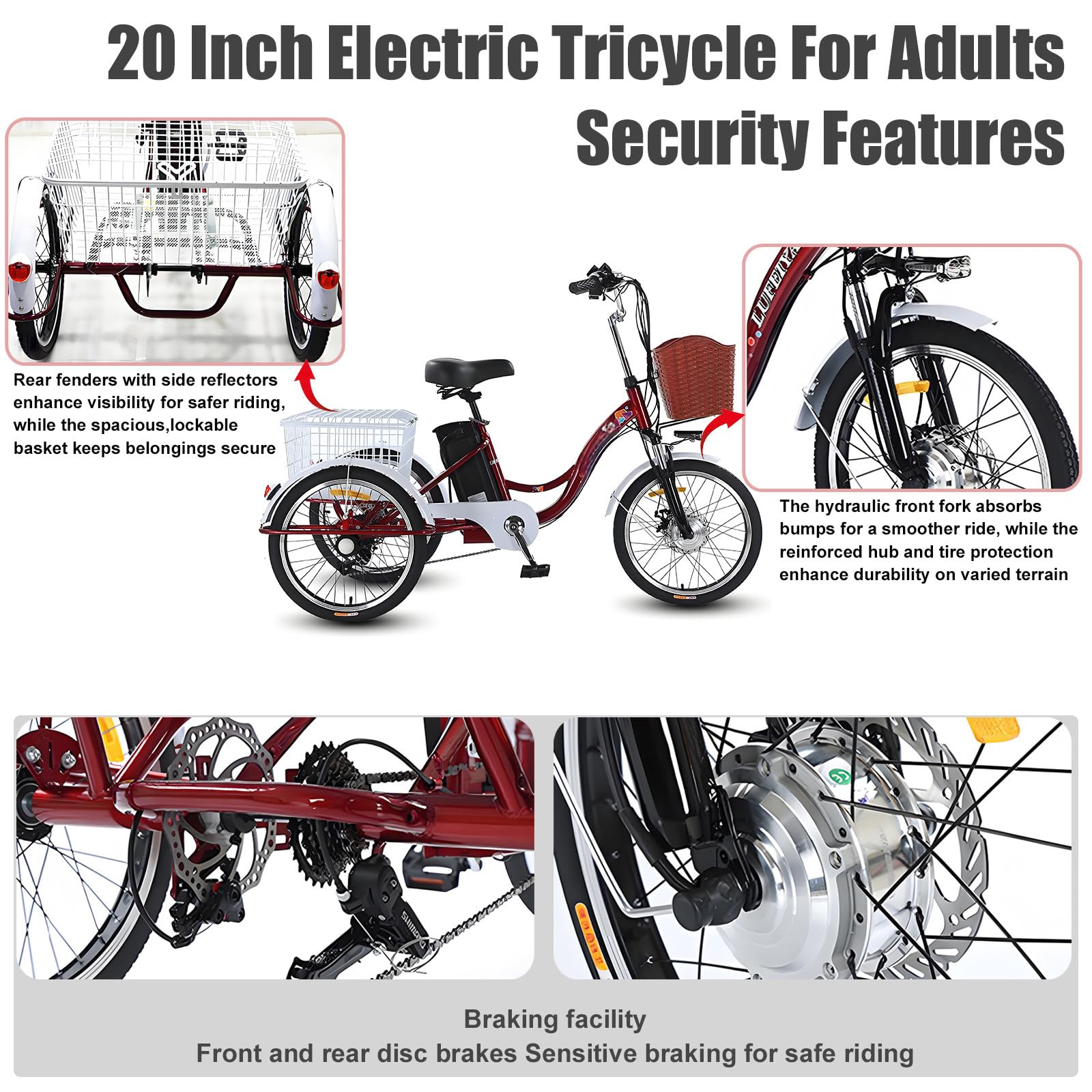 Triciclo elettrico per adulti, motore da 350 W, batteria rimovibile da 48 V, pneumatici da 20 pollici, telaio a scavalco basso, ampio cestino posteriore.