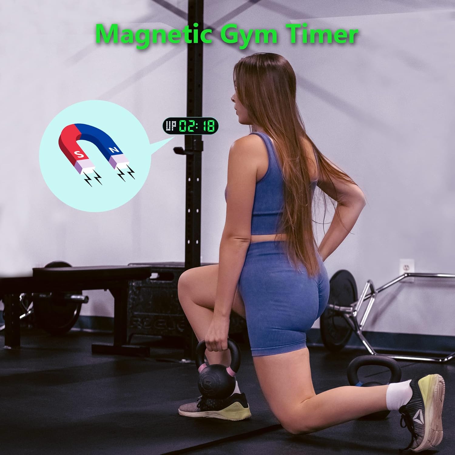 LUCORB Portable Gym Timer magnetically attached to a metal rack in a gym setting