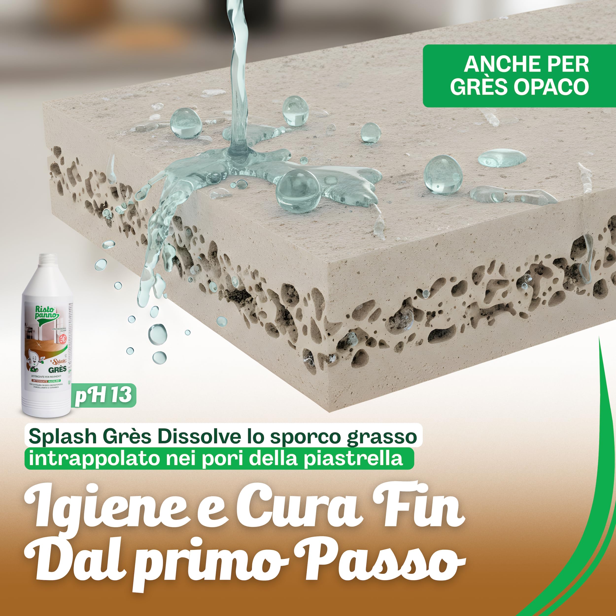 4PZ x 1L Lavapavimenti Professionale Alcalino - Formula pH 18 | Detergente per Grès Porcellanato e Ceramica - Azione Sgrassante - Uso Manuale e Lavasciuga - Prodotti Pulizia SPLASH GRES