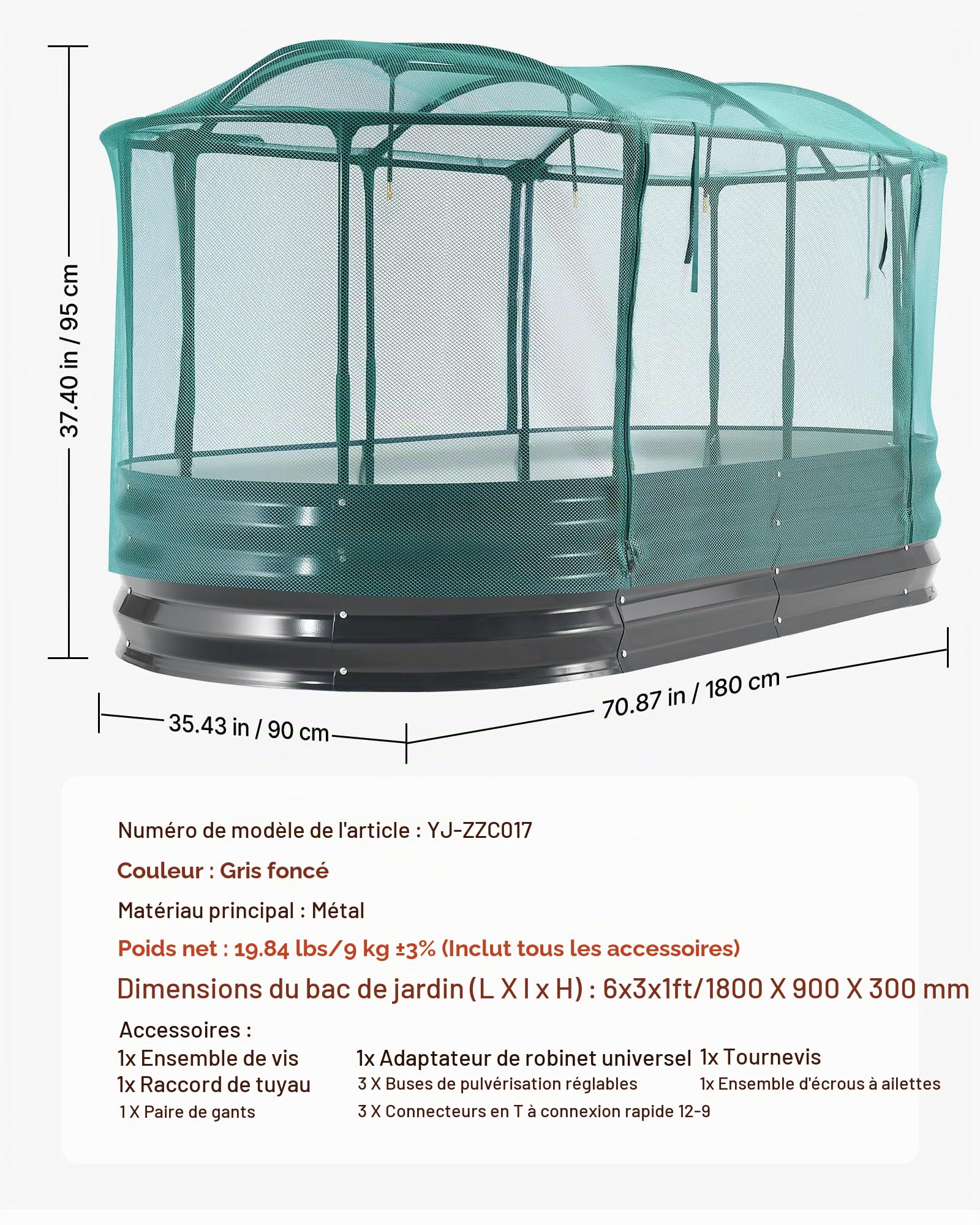 VEVOR Potager Surélevé Métal 180x90x30 cm Carré Potager Surélevé à Arrosage Auto Lit de Jardin Ovale pour Culture Légumes Fleurs, Fond Ouvert, Galvanisé Aluminium-Zinc, avec Housse Filet, Gris Foncé