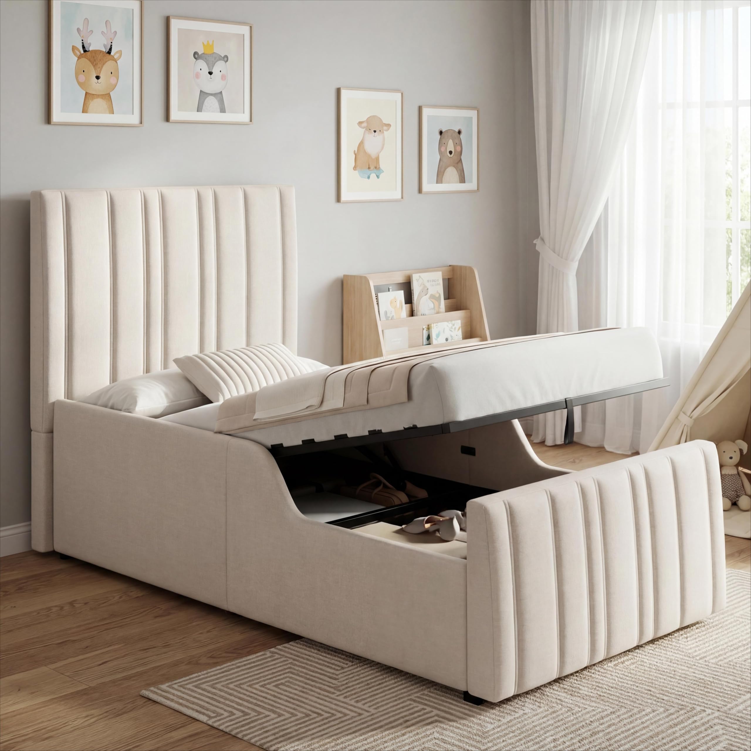 Merax Kinder Bett Polsterbett 90x200 cm Kinderbett mit hydraulischem Stauraum, Jugendbett Stauraumbett Einzelbett aus Leinenstoff mit gepolstertem Kopfteil & Armlehnen & Lattenrost, Beige
