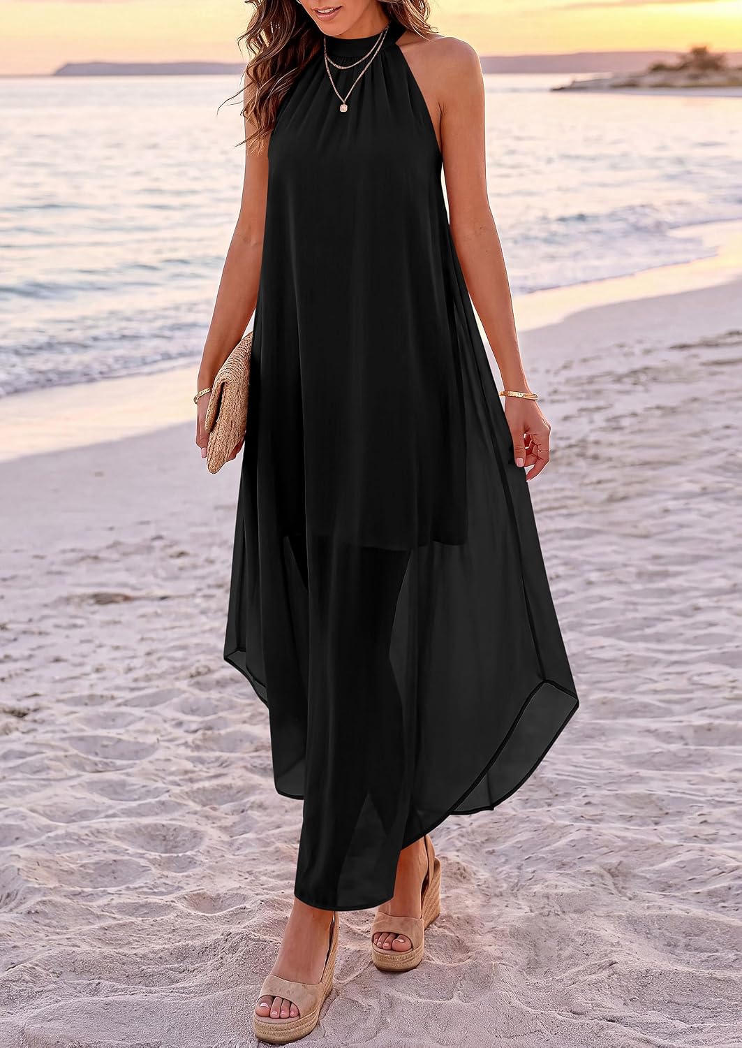 PRETTYGARDEN Summer Wedding Guest Dresses for Women 2026 Spring Long Flowy Halter Maxi Asymmetrical Beach Vacation Sundress