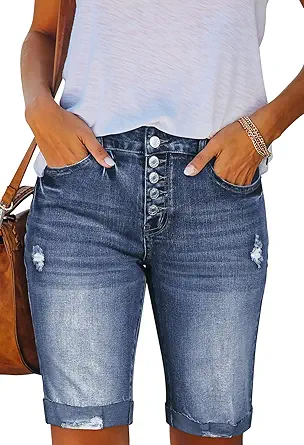 HAPCOPE Women's Bermuda Shorts Mid-High Waisted Denim Shorts Ripped Cuffed Hem Jean Shorts