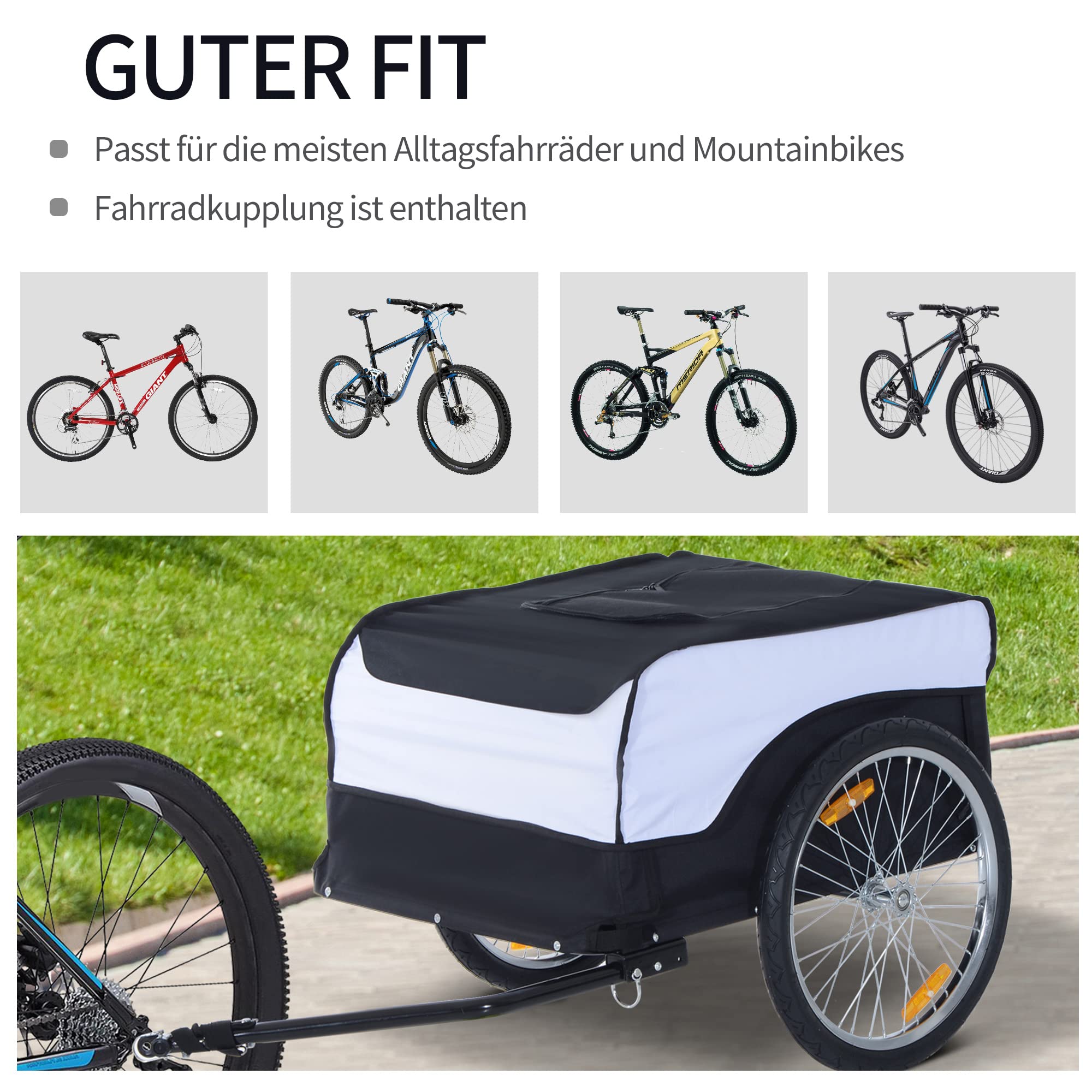 HOMCOM Fahrradanhänger Lastenanhänger Belastbarkeit max. 40 kg Transportanhänger Handwagen Lasten-Fahrradanhänger Weiß+Schwarz Stahl Oxford 140 x 77 x 65 cm