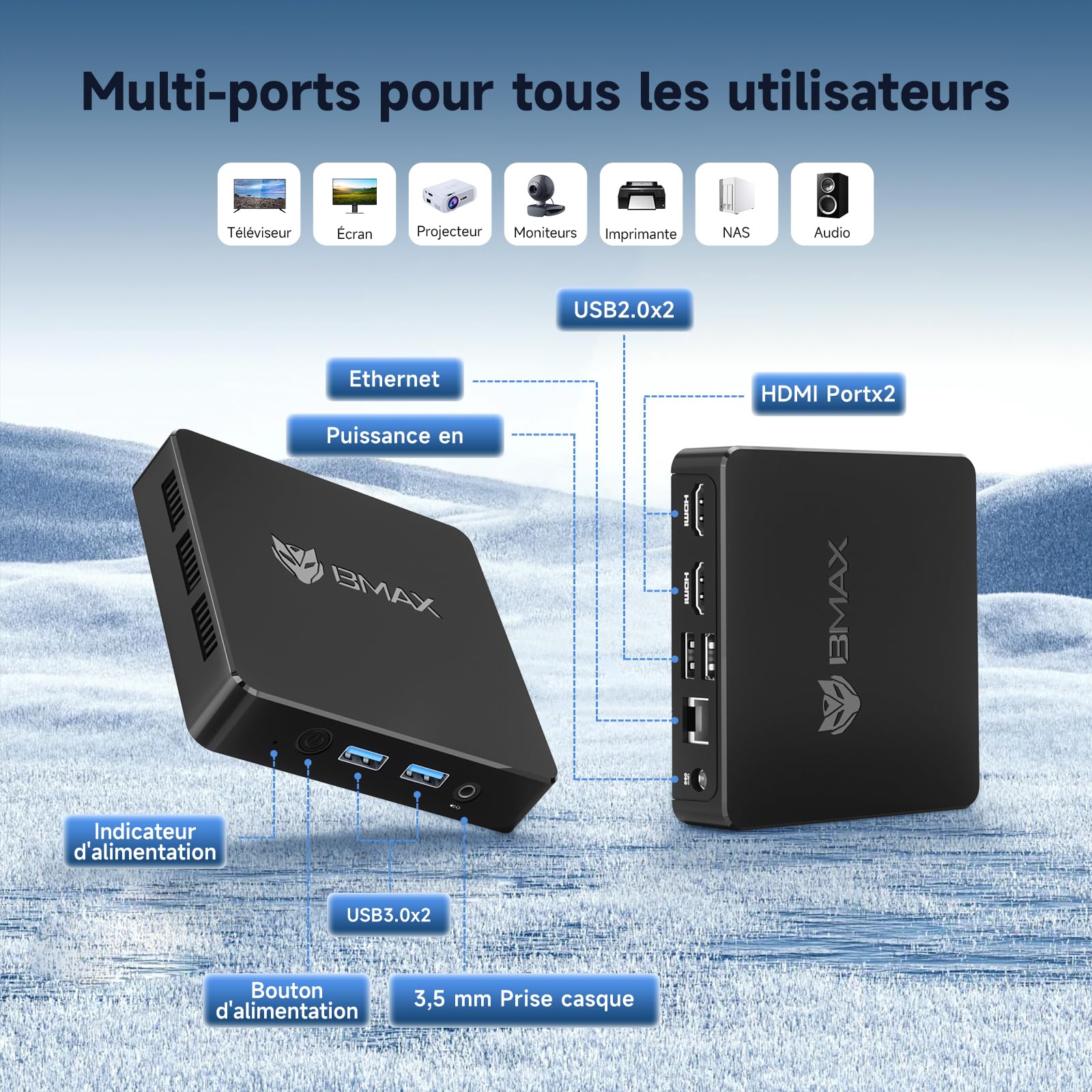 BMAX B1 Mini PC 8 Go LPDDR4 128 Go eMMC W-11 Gemini Lake N4000 (jusqu'à 2,6 GHz) Double écran Prend en Charge 4K HDMI, WiFi 2,4 G/5 G, Bluetooth 5.0 PC Domestique, Ordinateur de Bureau