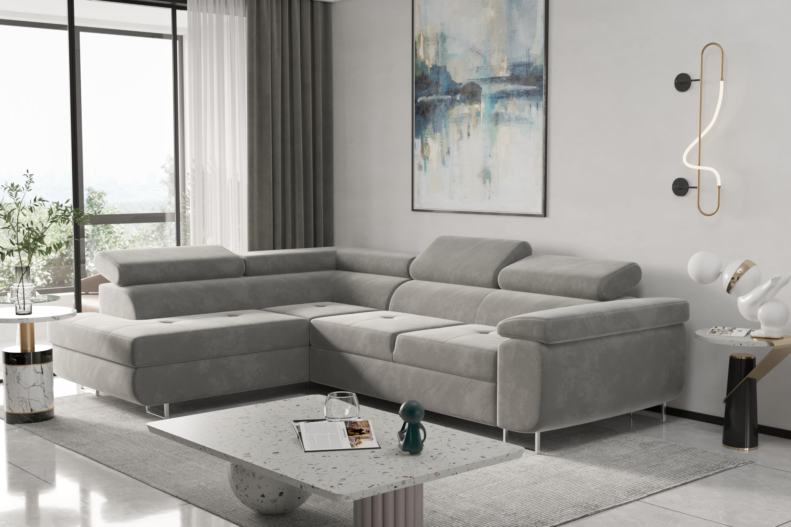Atom Lux nowoczesna sofa narożna stylowa tapicerowana kanapa w kolorze jasnoszarym tkanina klasy A idealna do salonu wygodny i modny design