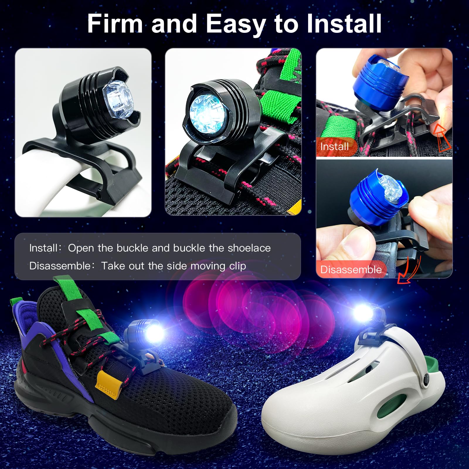2 Pack LED Shoe Lights – 3 Light Modes, IPX5 Waterproof, Aluminum Alloy For Night Running, Walking, Hiking