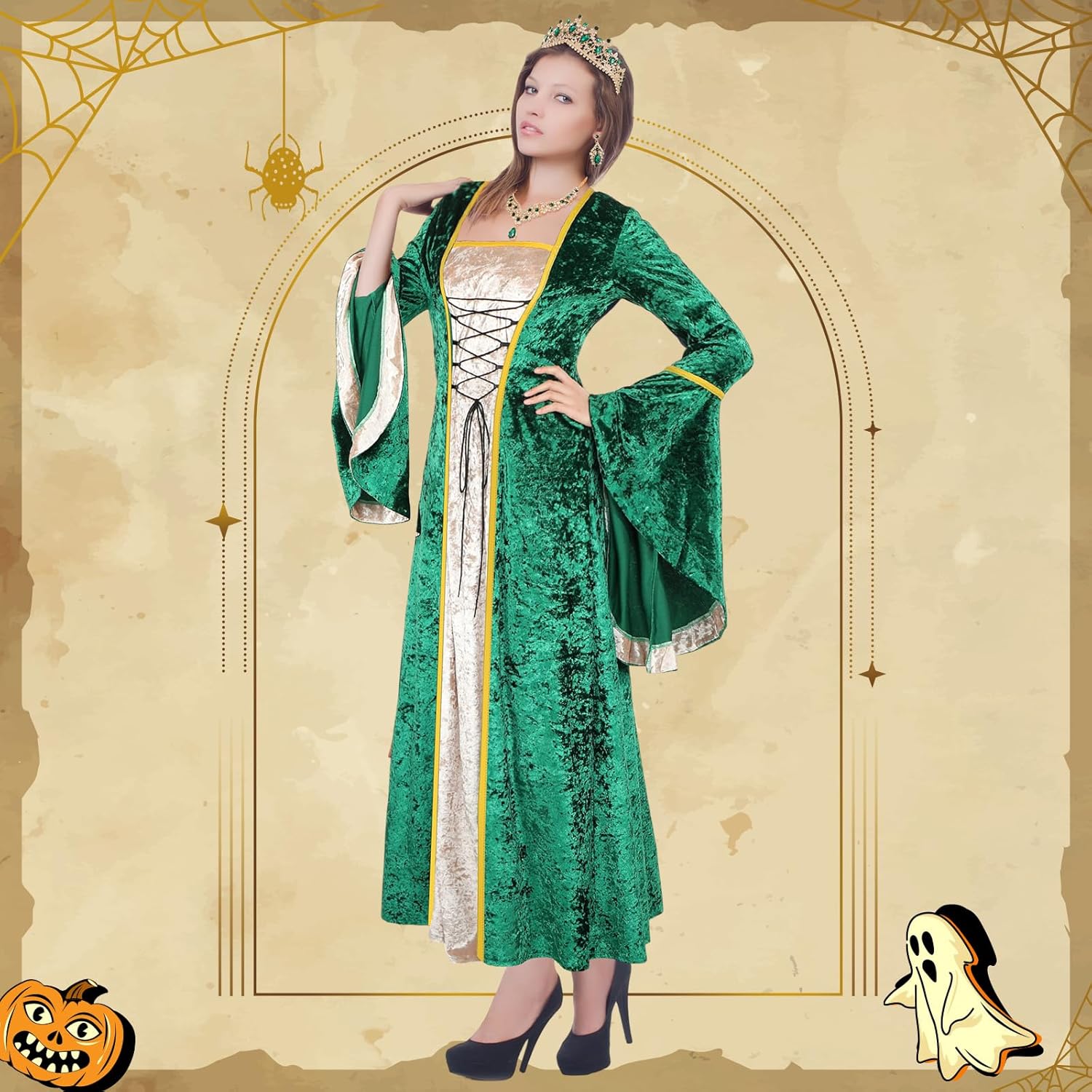 Mepase Women Renaissance Velvet Dress Medieval Costume with Rhinestone Tiaras Crowns Irish Dresses Halloween Gothic Cosplay - Image 5