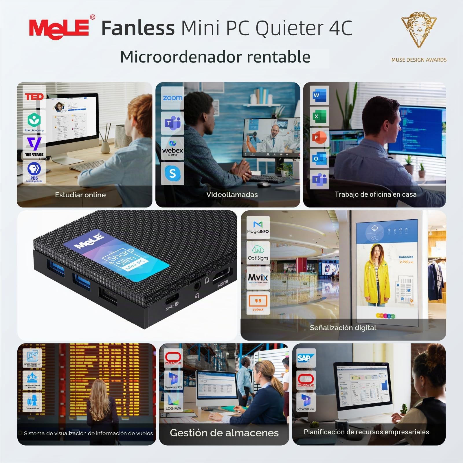MeLE Quieter4C N150 Mini PC sin ventilador (hasta 3.6GHz 4C/4T) 16GB LPDDR5 512GB Micro computadora de escritorio, compatible con pantalla triple 4K, HDMI dual, USB-C WiFi 5 BT5.1 Ethernet todo en uno