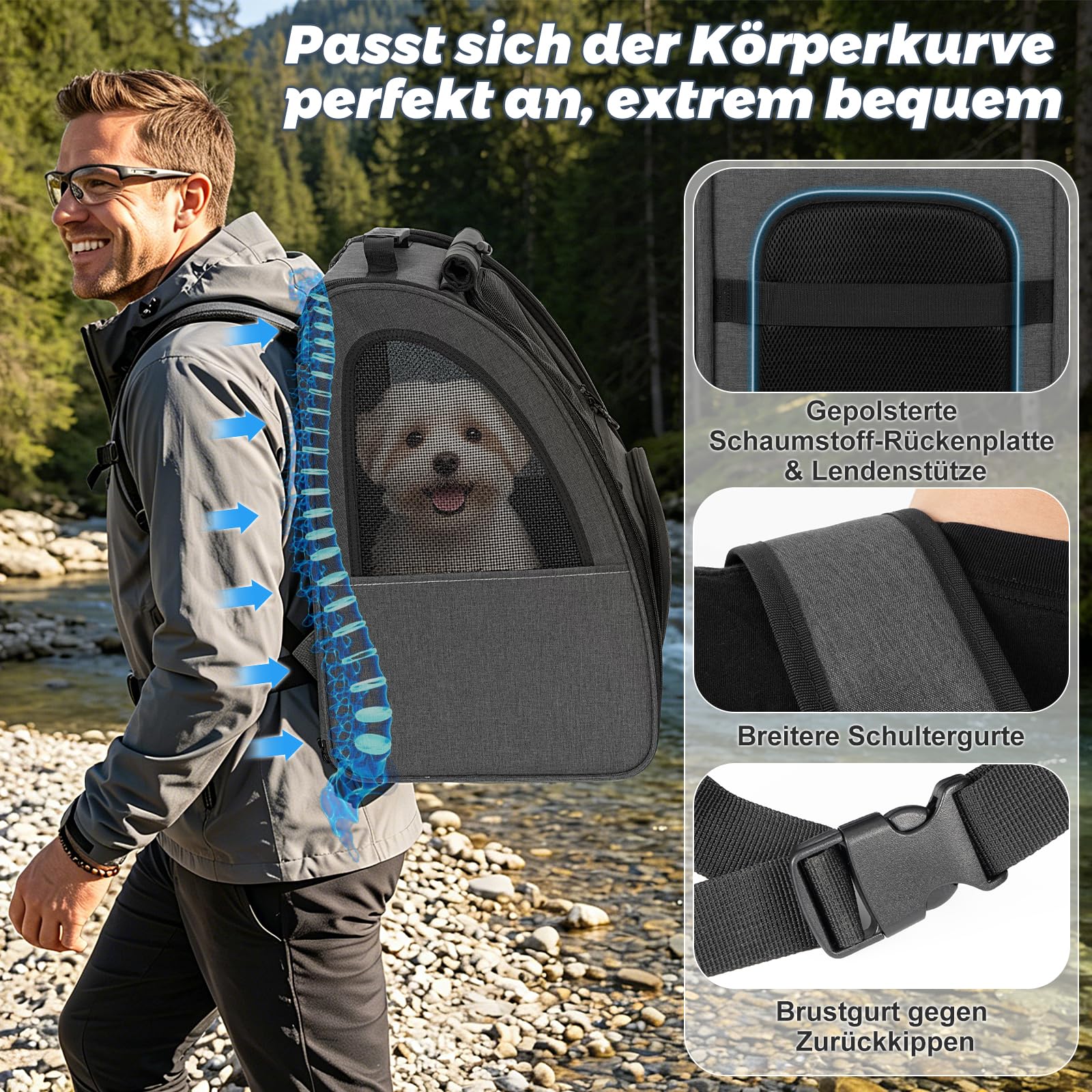 Aystkniet Katzenrucksack & Hunderucksack bis 10kg, Große Haustier Transporttasche mit 270° Belüftung, 3 Öffnungen, Faltbar, Atmungsaktiv für Reisen, Wandern, Flugzeug & Tierarzt