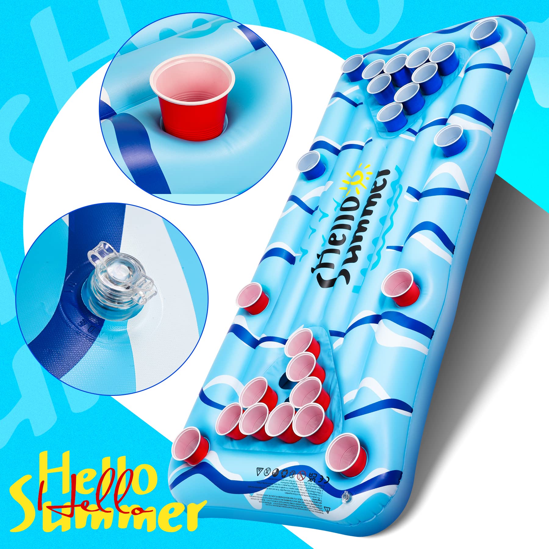 Jeux Piscine Pong Flottant 150×75 cm - Matelas Gonflable pour Piscine Adulte avec Porte-Gobelets, Piscines Gonflables Accessoires Incluant 24 Gobelets et 2 Balles, Divertissement Aquatique