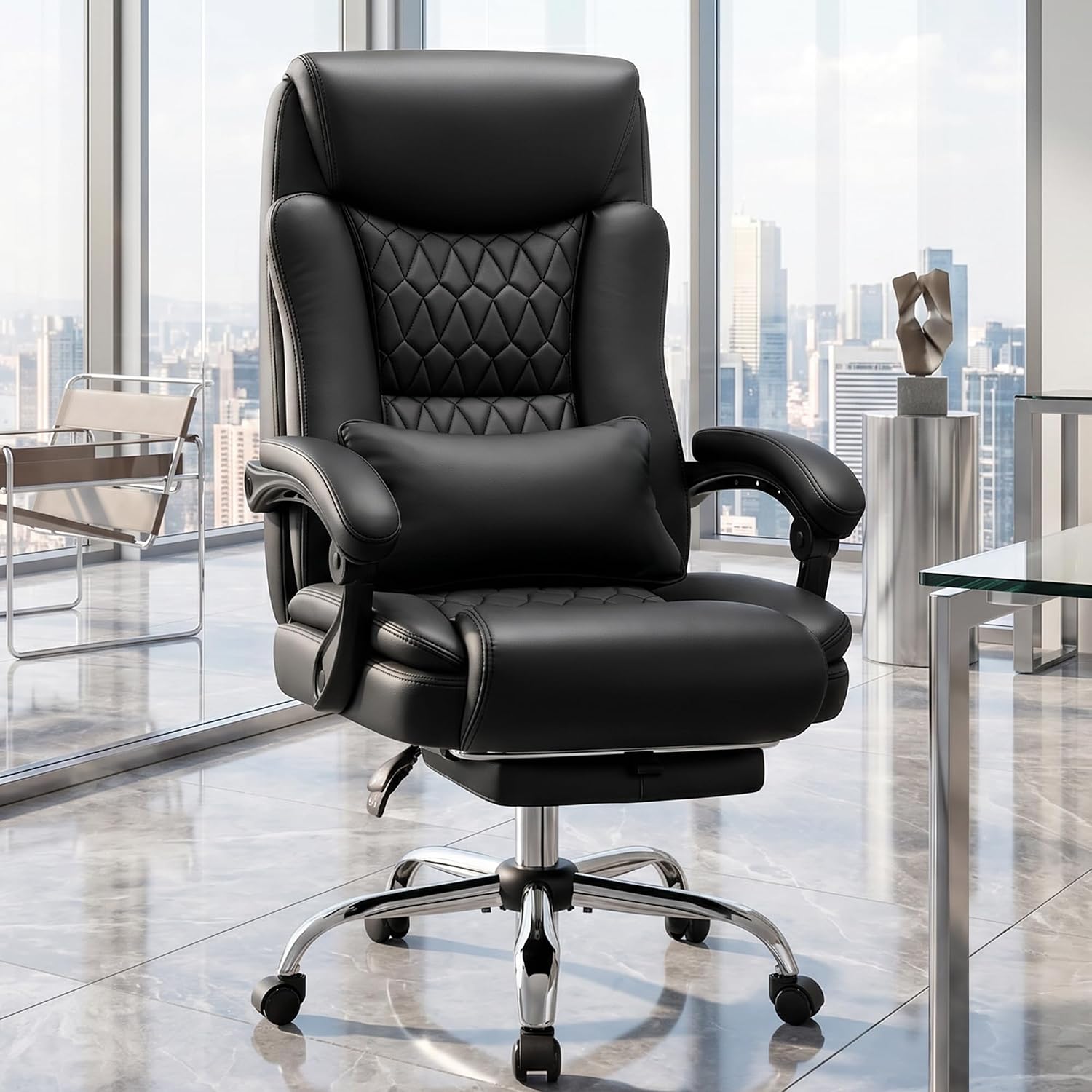 Ergonomic Office Chair Executive PU Leather High Back, 400lbs Heavy Duty Reclining Desk Chair with Footrest, Adjustable Lumbar Support, Padded Armrests, Wide Seat, Black