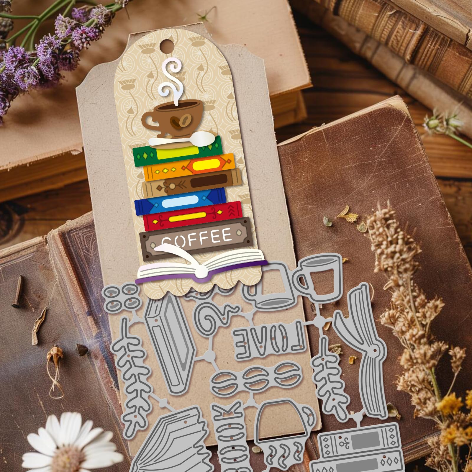 GLOBLELAND Coffee Reading Hollow Bookmark Cutting Dies Books Coffee Metal Die Cuts Label Frame Cutting Embossing Templates for Scrapbooking Crafts Paper Cards Making - Image 3