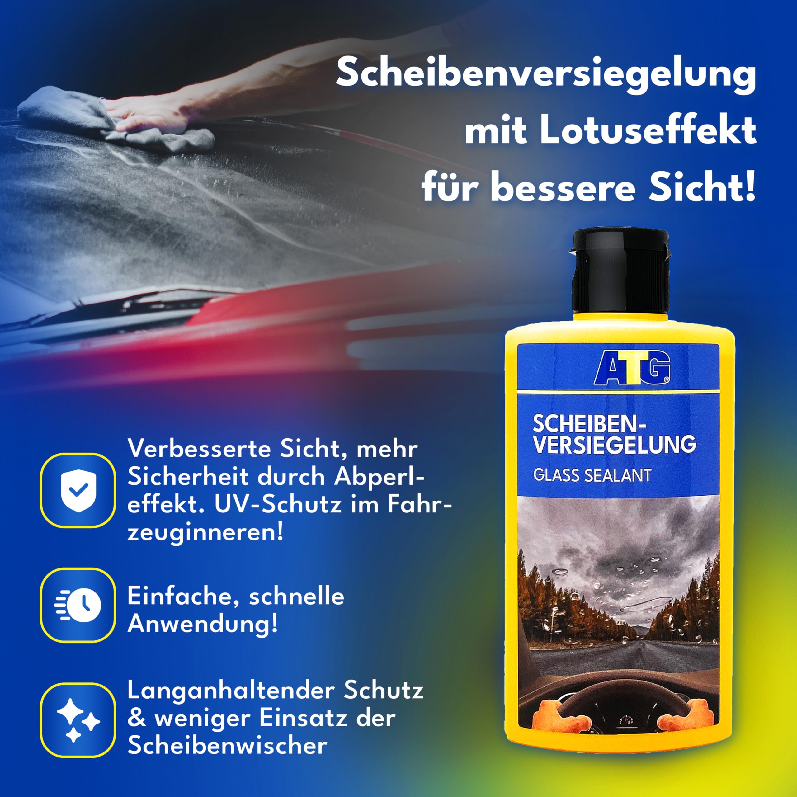 ATG® Premium Autopflegeset - Lederpflege mit Zitrusduft - Scheibenversiegelung - Cleaner Wax Autopolitur mit Carnaubawachs - Reinigungsgel für den Innenraum - Kratzerentferner - 3x Mikrofasertuch