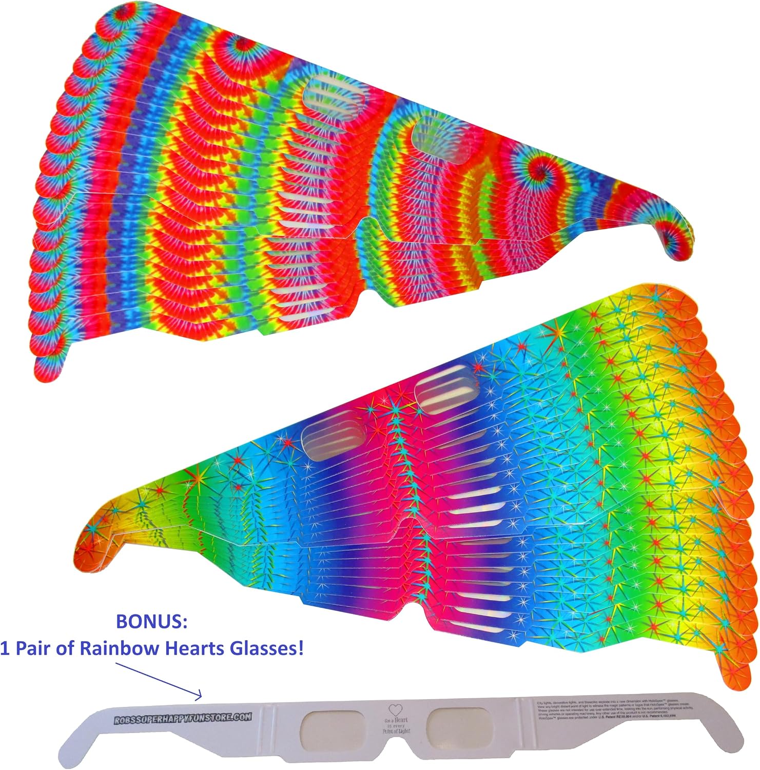 Rob's Super Happy Fun Store Fireworks Glasses - 25 Rainbow Spectrum and 25 Trippy Tie-Dye Designs with Bonus Rainbow Hearts Diffraction Glasses - 51 Total Pieces