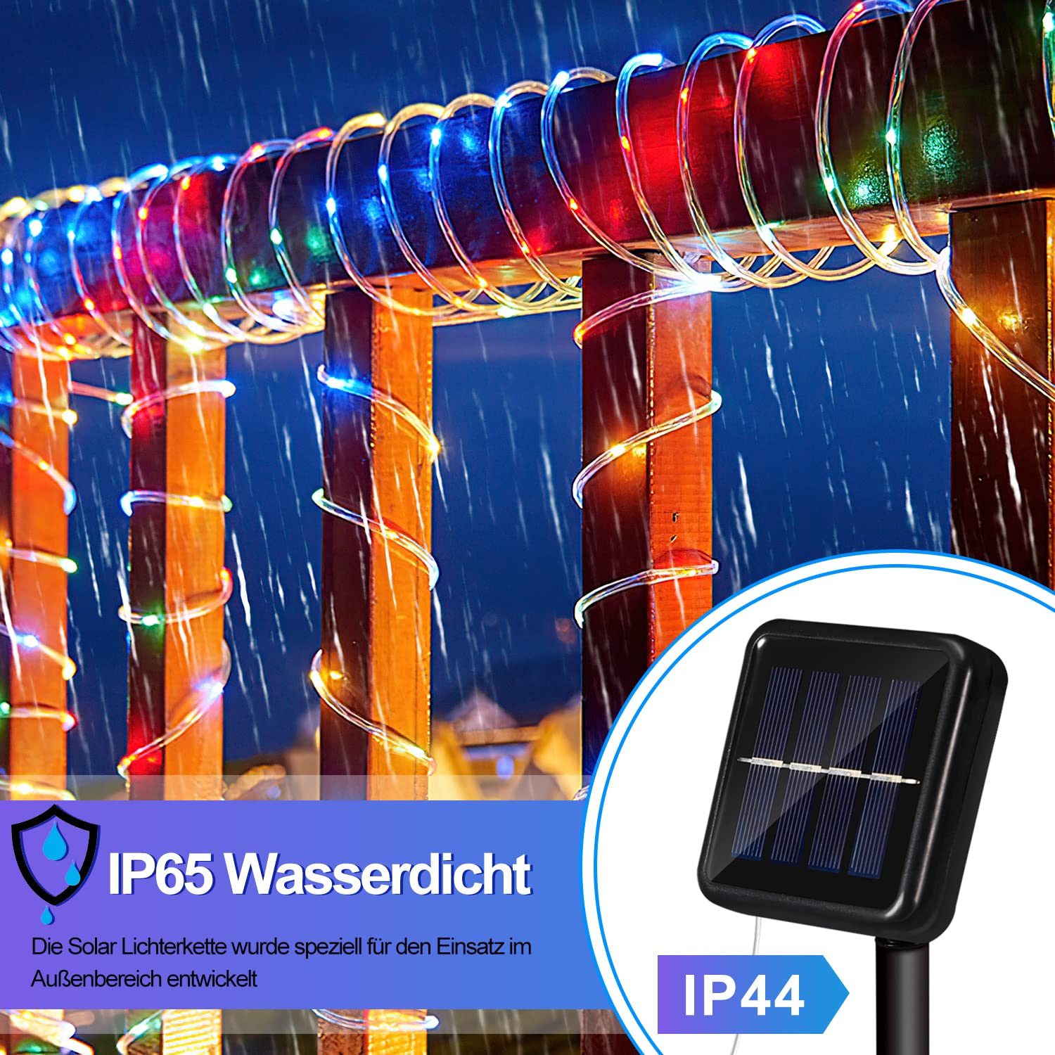 Herrselsam Solarny wąż świetlny LED, 30 m, 300 diod LED, łańcuch świetlny na zewnątrz, wodoszczelność IP65, kolorowy, 8 trybów pracy, łańcuch świetlny do ogrodu, na imprezę