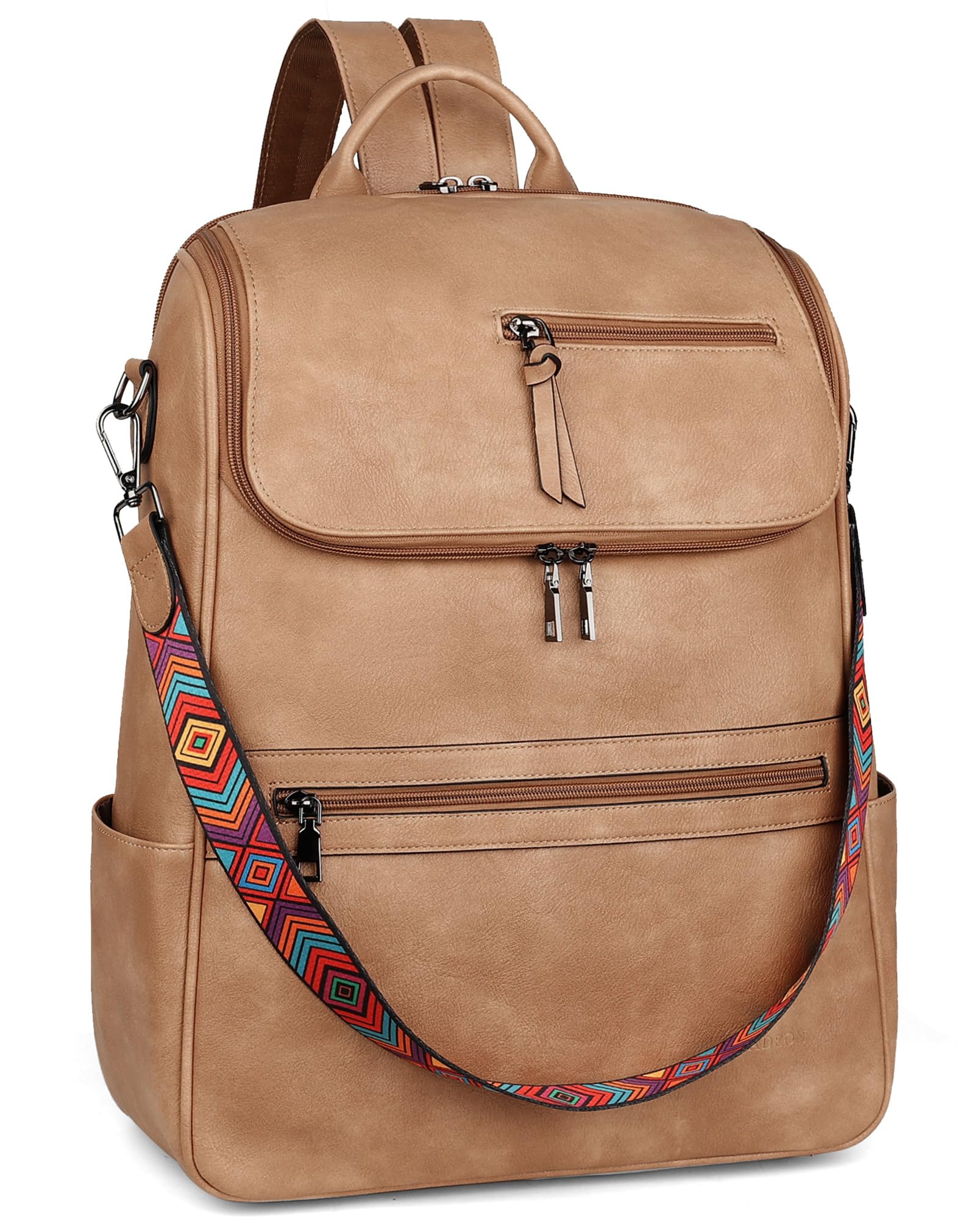 FADEON Laptop Backpack for Women Leather Travel Backpack with Laptop Compartment, Designer Ladies Computer Backpacks Camel