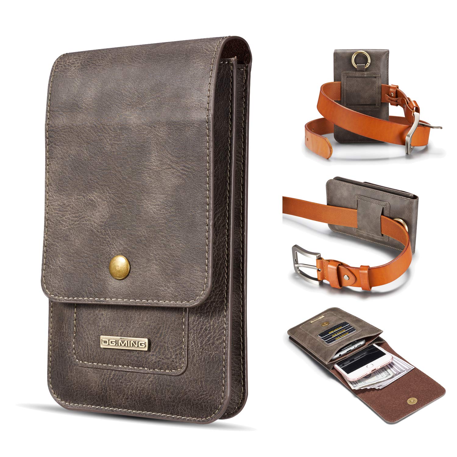 DG.MING Genuine Leather Holster Pouch for iPhone Xs Max, 8 Plus, for Samsung S20+/S10 Lite/Note 10 Lite/A20S/A10/A20 Belt Wallet Case with Clip + Card Slot, Dual Layer Waist Pouch for Travel,Grey
