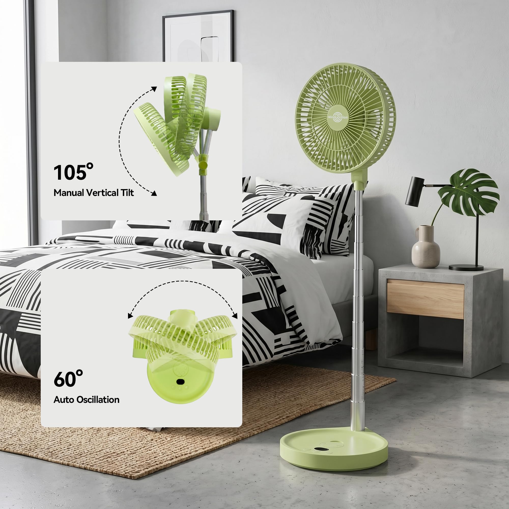 Ventilateur portable rechargeable, H6 pliable sur pied et de bureau, 16 000 mAh, design pliable sans fil avec télécommande, 5 vitesses, flux d'air silencieux, USB-C, banque d'alimentation