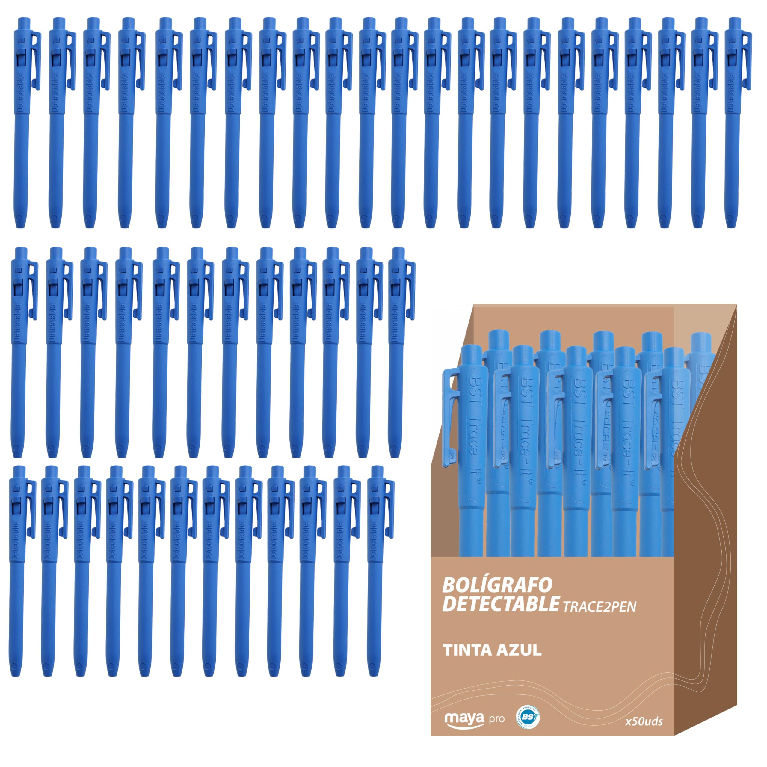 Maya TRACE-IT Retractable Pen with Clip, Detectable, Made of Food Grade Polypropylene, Resistant 120ºC, Box of 50 (Blue) — image 1