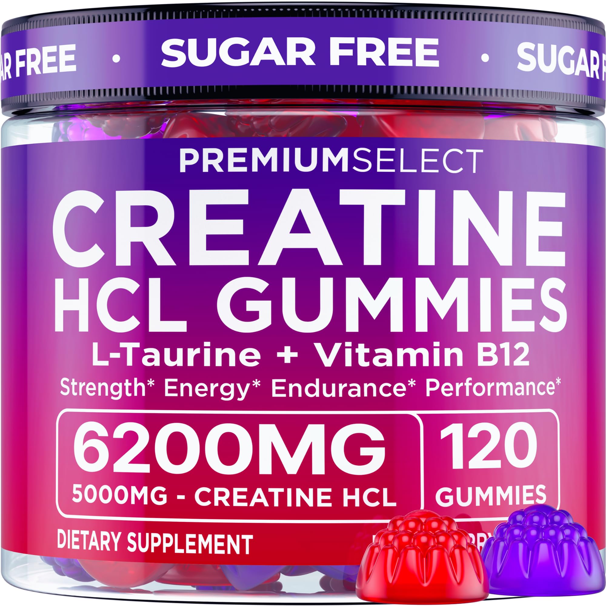 Premium Select Nutrition — Gomas de Creatina HCl com L-taurina e vitamina B12 — 5000 mg + 1000 mg + 200 mcg — 120 gomas