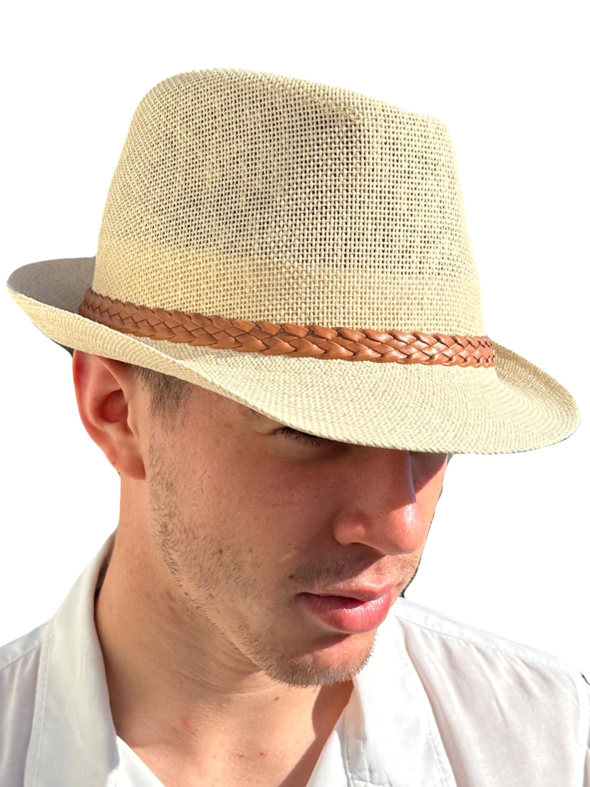 MIGURA Sombrero Hombre De Paja Protección Solar Panama Pamela Playa Verano Esparto Gorra para Sol Visera Enrollable con Tira Blanco