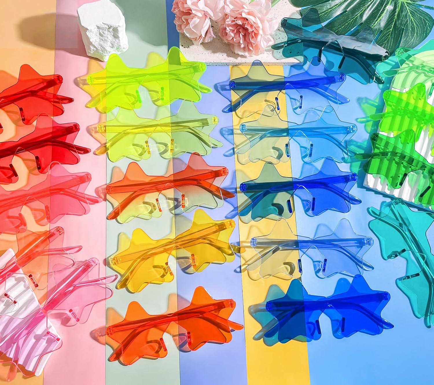 Matcheck 20/40 Pack Colored Rimless Sunglasses Bulk Heart/Star Shaped Candy Color Glasses Frameless Party Eyewear for Adults