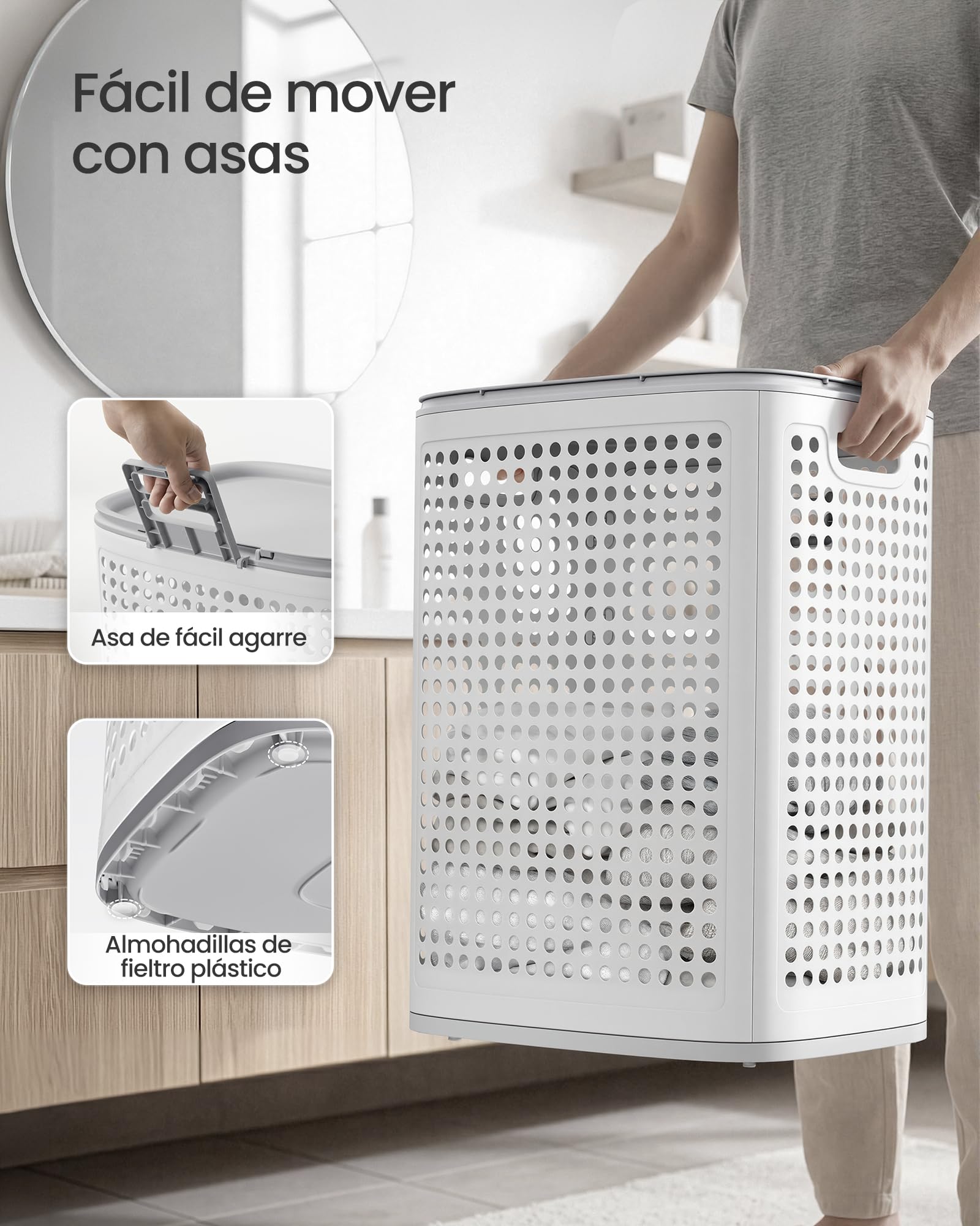 SONGMICS Cesto de Ropa con Tapa 75 L Plástico Blanco y Gris RLH021WG01
