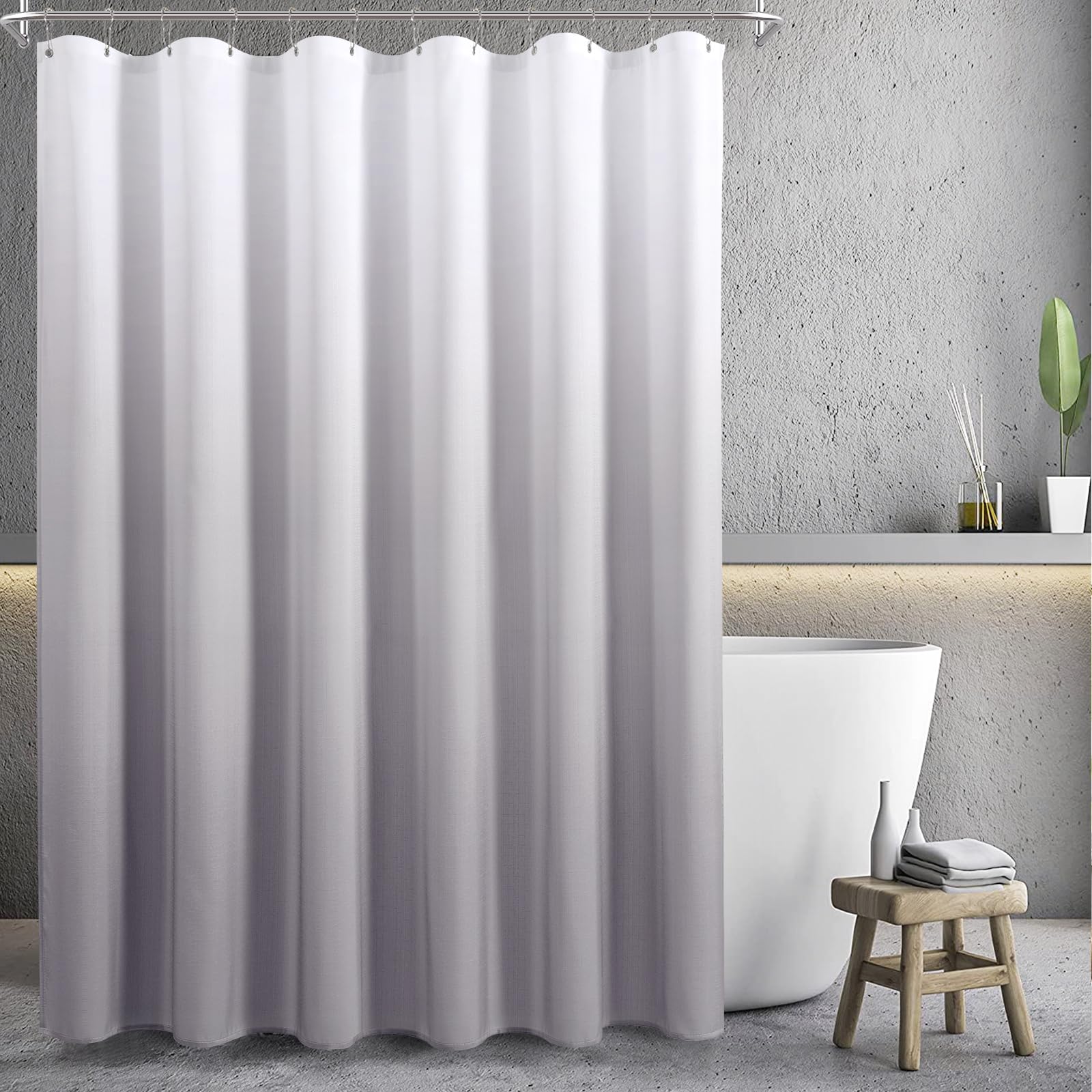 Light Grey Shower Curtains for Bathroom, Ombre Textured Fabric Shower Curtain Set, Hotel Spa Luxury with 12 Hooks, Machine Washable, Decorative