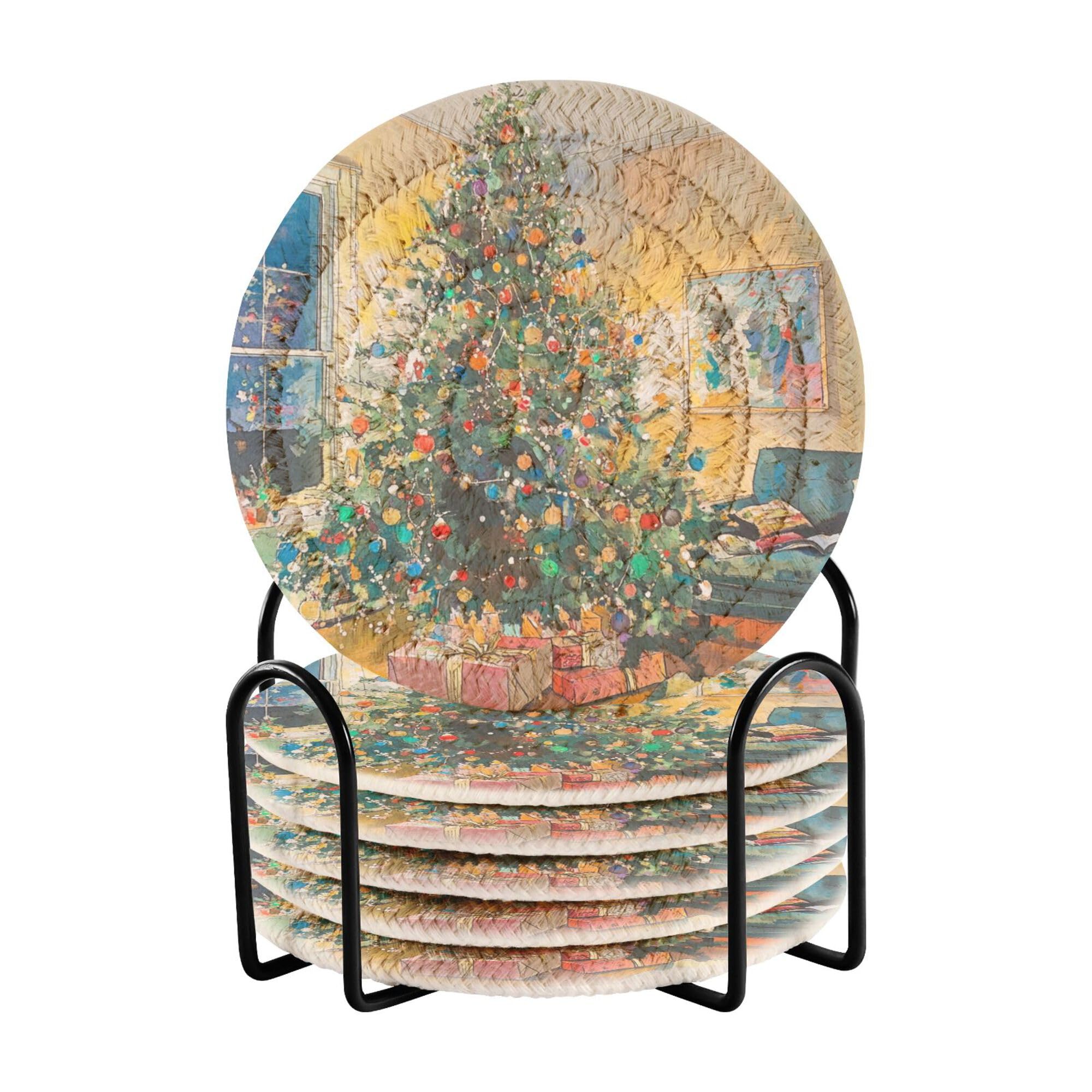 Christmas Tree Stands in Room Cotton Rope Absorbent Drink Coasters Set of 6 with Holder Absorbant Coasters