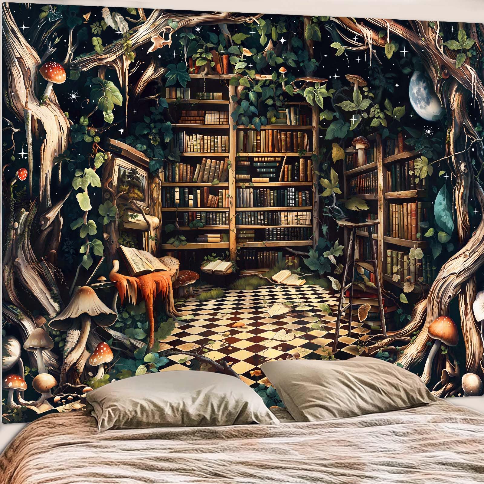 Accnicc Botanical Bookshelf Tapestry Lush Green Plant Book Shelf Tapestries Wall Hanging Art Vintage Retro Potted Plants Academics Library Book Tapestry for Bedroom Living Room Dorm 80 x 60 inch: Orange 80"L x 60"W