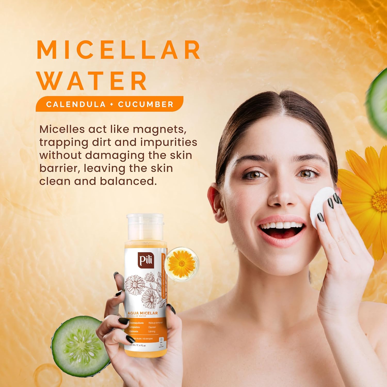 PILI Micellar Water with Calendula & Cucumber. Cleanses and hydrates Skin. Waterproof Makeup Remover. Gentle Toner for face, Eyes, and Lips | All Skin Types | Pump Dispenser Bottle 7.4 fl oz.