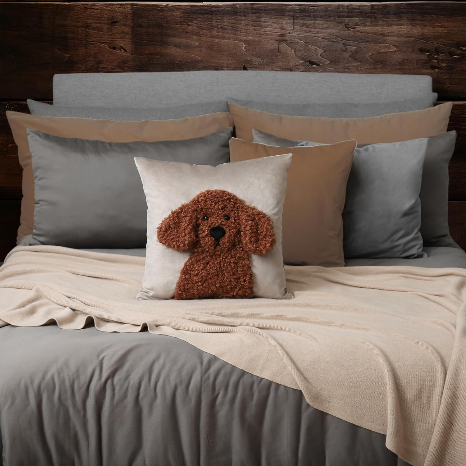 JWH Poodle Throw Pillow Cover Curly Brown Teddy Pillow Case Decorative Dog Shaped Cushion for Home Bed Couch Living Room 18x18 Inches Camel