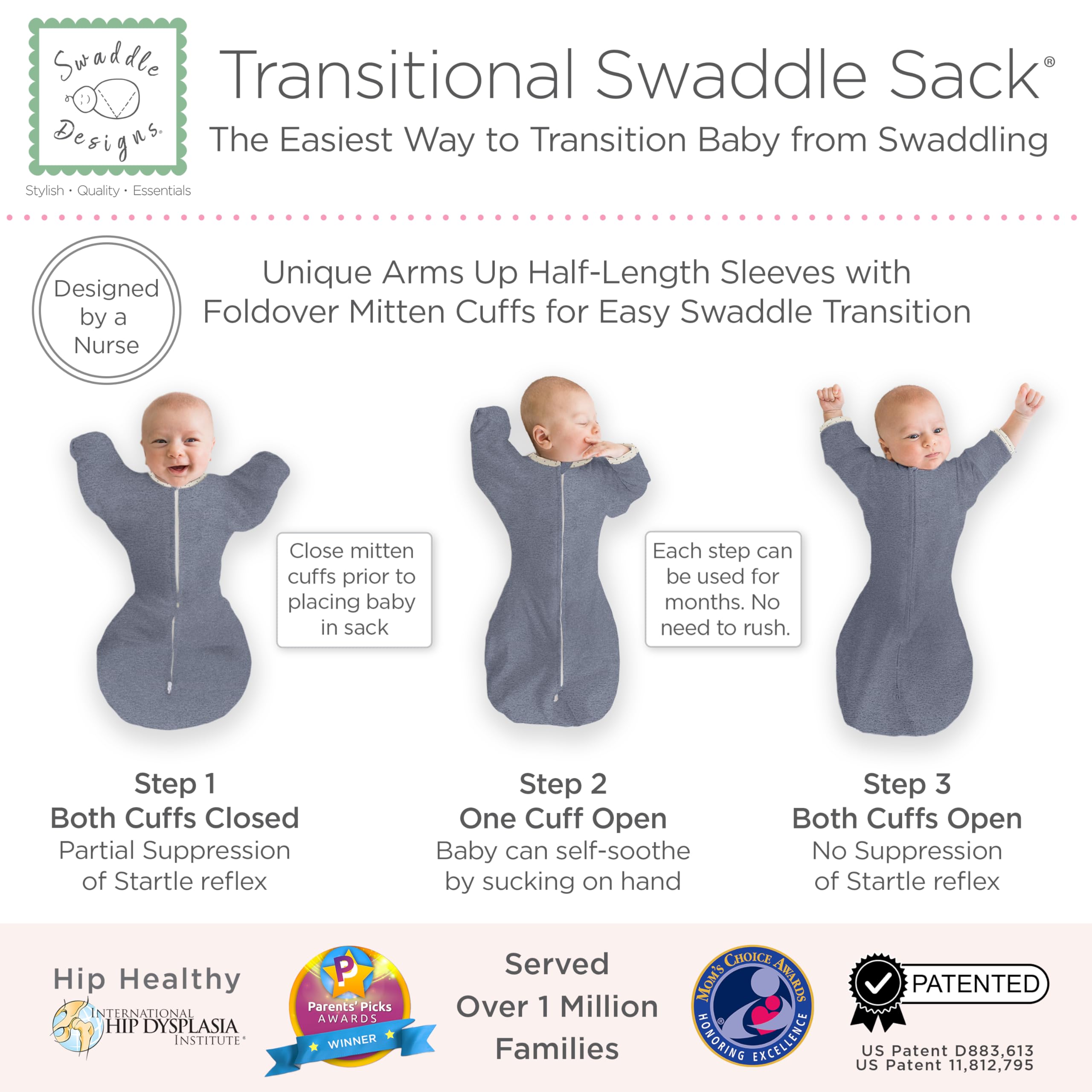 SwaddleDesigns Transitional Swaddle Sack, Baby Swaddles for Newborn with Arms Up Half-Length Sleeves & Mitten Cuffs - Image 3