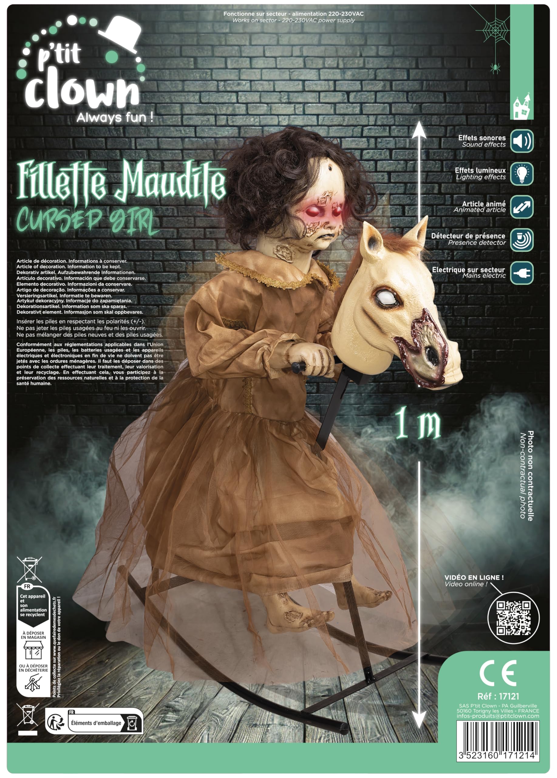 P'tit Clown - 17121 - Automate Halloween - Fillette Maudite sur Cheval à Bascule Animé - 100 cm - Animatroniques - Animatronics - Alimentation Secteur - Assemblage Facile et Rapide