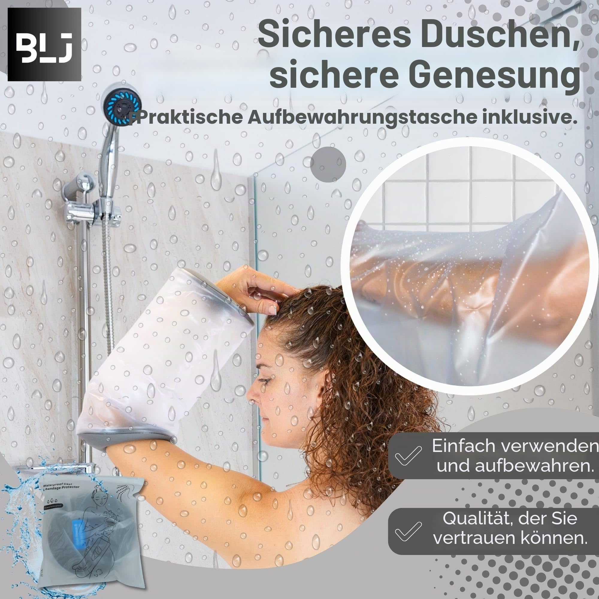 BLJ® Gipsschutz für Erwachsene, langer Arm, wasserdicht, aus Silikon, flexibel und wiederverwendbar für den täglichen Gebrauch, luftdichte Aufbewahrungstasche mit Reißverschluss.