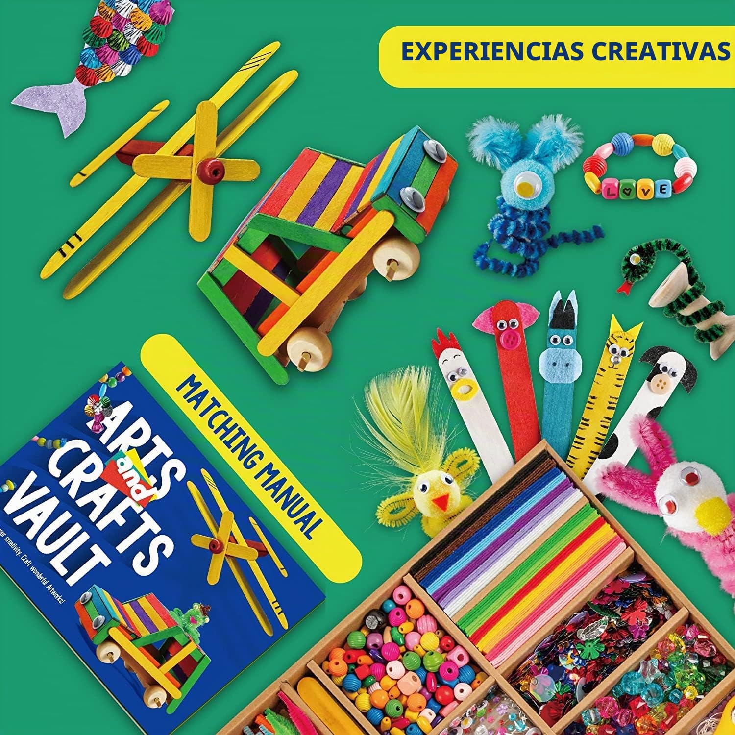 EDUMAN Manualidades Niños, 1000+ pieza Creativo Kit Manualidades Materiales, incluye Limpiapipas, Pompoms, Varillas, Wiggle Eye, Cuentas, Lentejuelas, Juego Creativo Regalo para niños y niñas