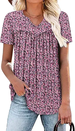 KISSMODA Tops for Womens Summer Cute Short Sleeve Shirts Trendy Notched Neck Blouses Casual Loose Pleated Tunics S-3Xl