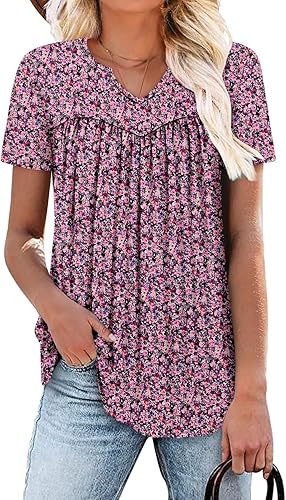 KISSMODA Tops for Womens Summer Cute Short Sleeve Shirts Trendy Notched Neck Blouses Casual Loose Pleated Tunics S-3Xl