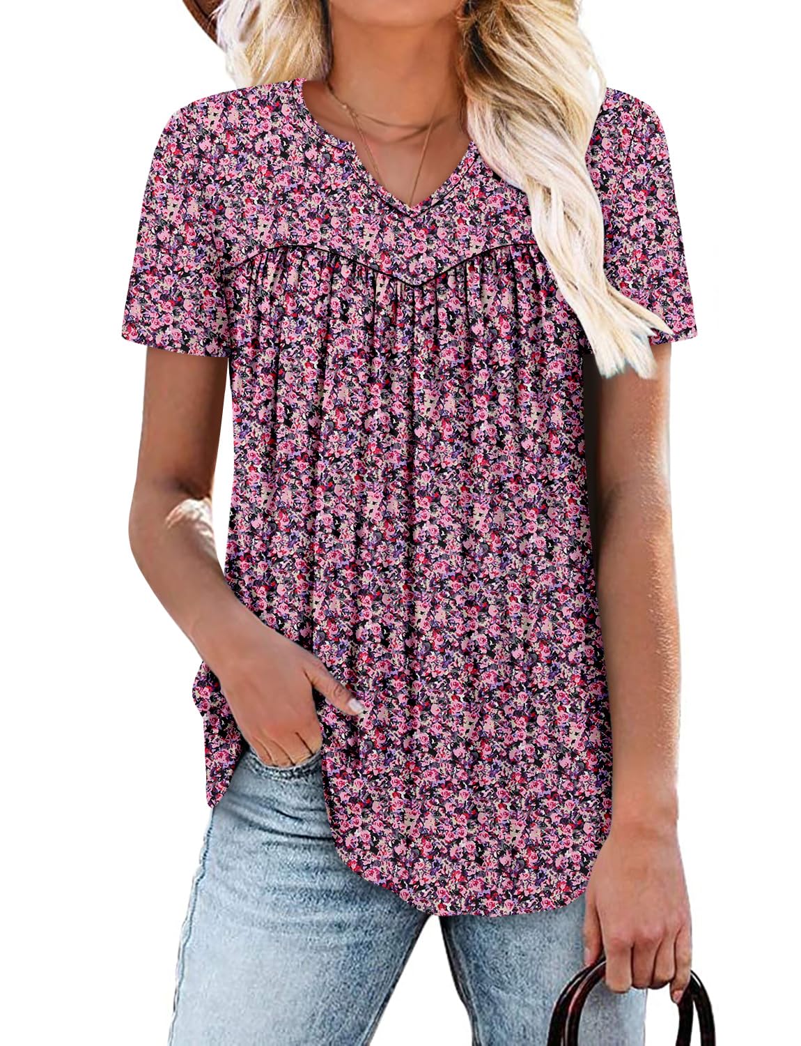 onlypuff Women's Short Sleeve Tops T Shirts Summer V Neck Pleated Tunic Blouses