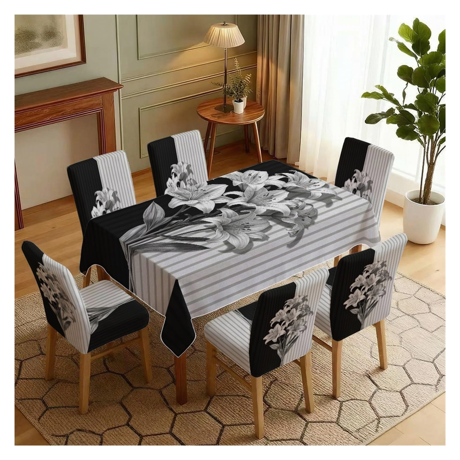 KXUAUV Monochrome Lily Print Stretch Dining Chair Covers & Tablecloth Set, 5/7 Pack Party Decor(7pcs Set: Tablecloth+Chair Covers)