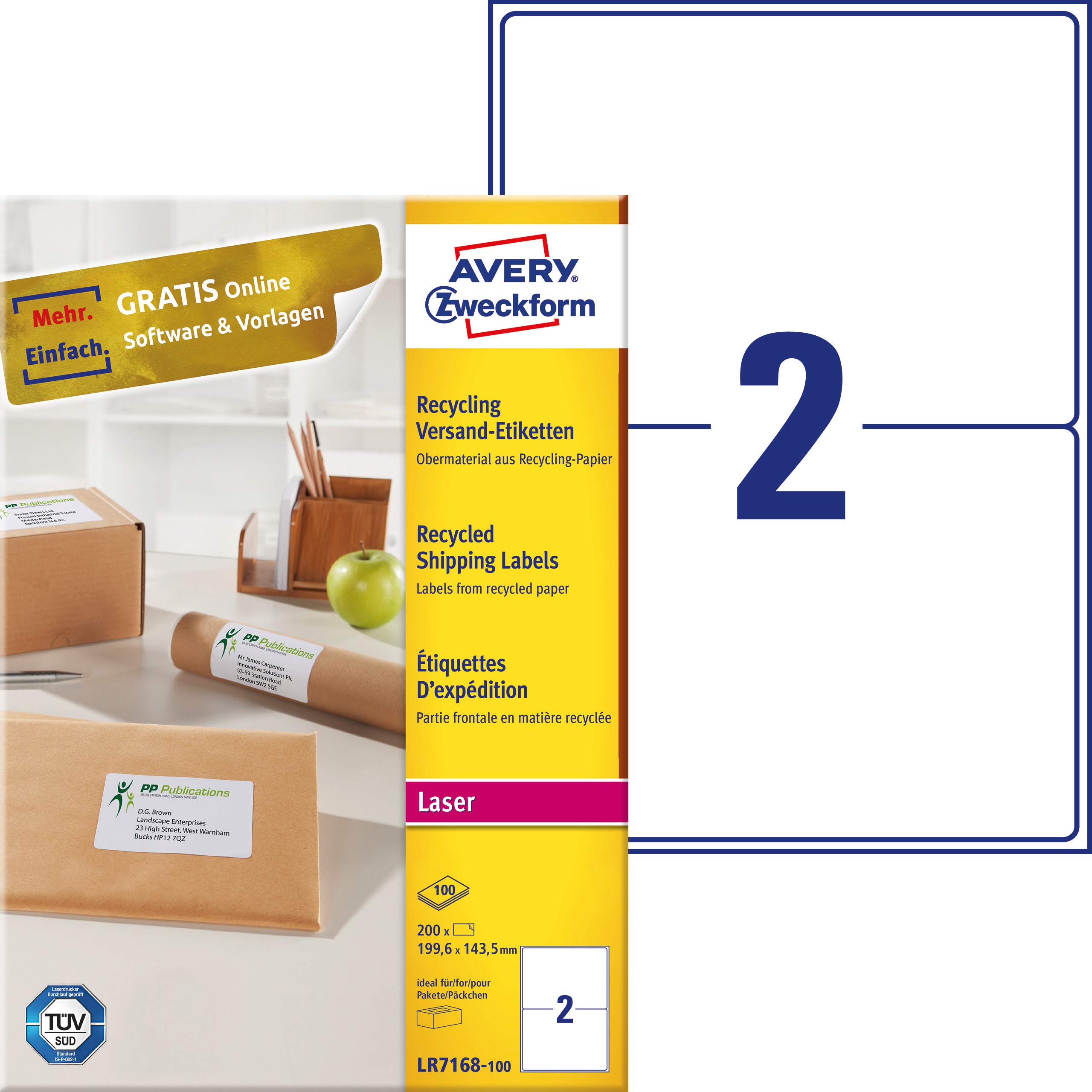AVERY Zweckform LR7168-100 - Etichette in carta riciclata, 199,6 x 143,5 mm, 200 etichette per spedizioni su 100 fogli, autoadesive, stampabili, carta opaca, 100% carta riciclata, motivo: angelo blu,