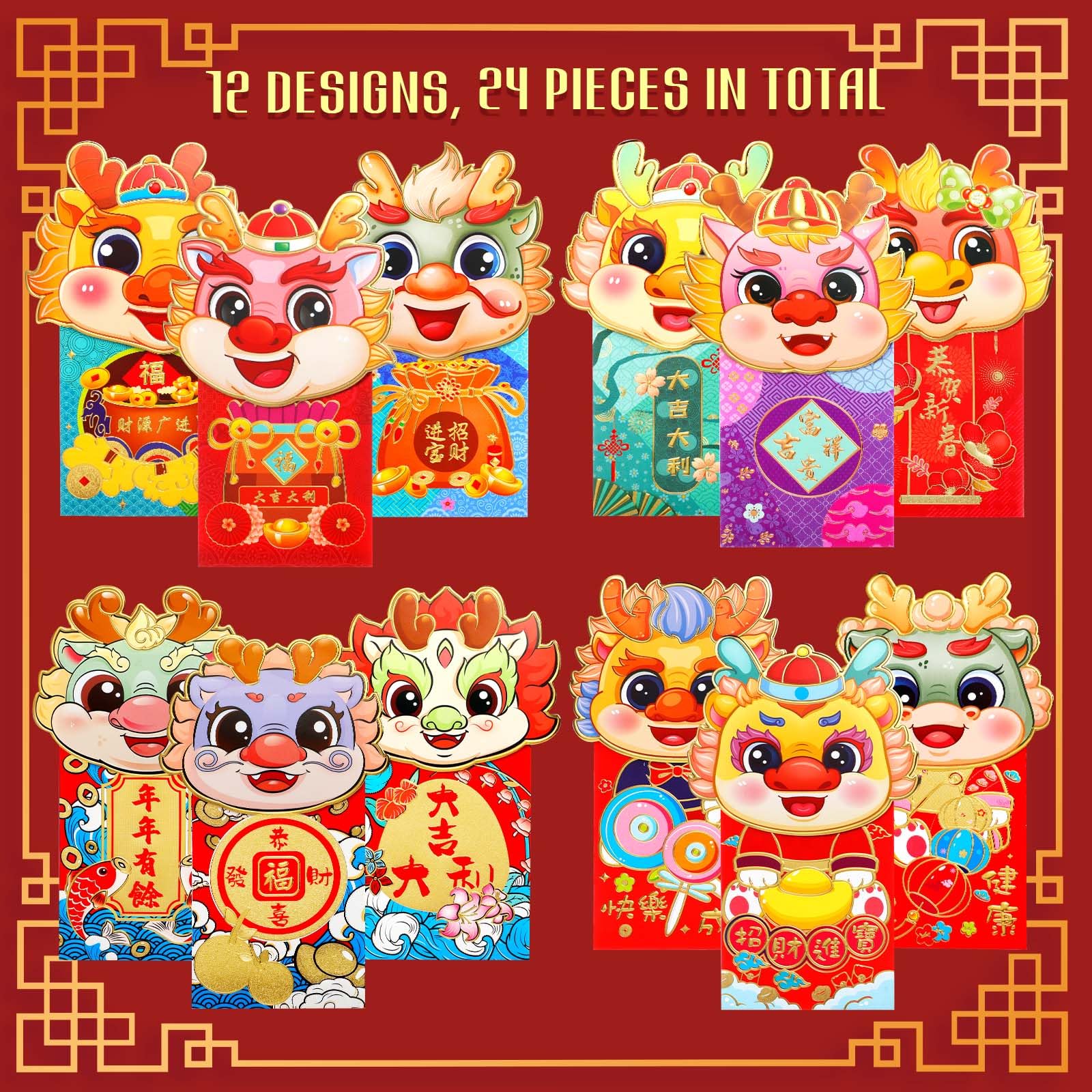 24 Enveloppes Rouges Porte-bonheur – 6 Motifs Dorés – Nouvel An Chinois, Mariage, Anniversaire