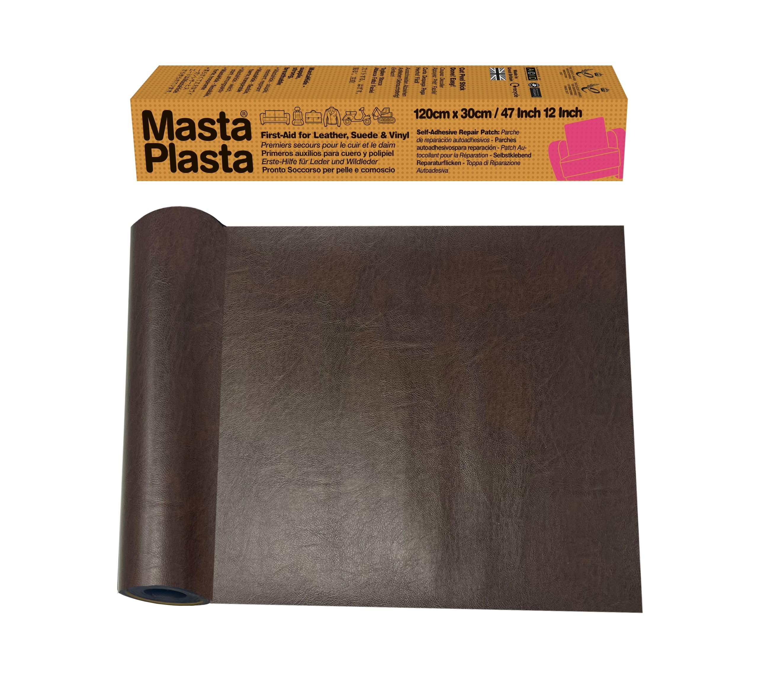 The Original All-in-One Leather Repair Kit by MastaPlasta. Self Adhesive Leather Repair Patch for Sofas - Mid-Brown 120 x 30cm (47 x 12in). Easy Upholstery-Quality Leather Repair for Car Seats & DIY